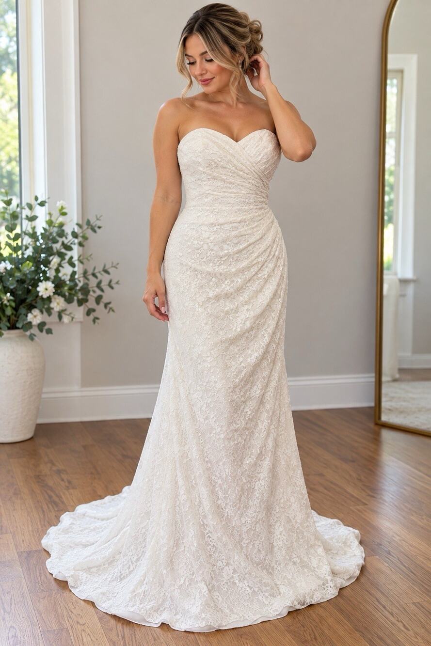 David’s Bridal WG3263 Ivory Lace Wedding Dress Size 2 Strapless Bridal Gown
